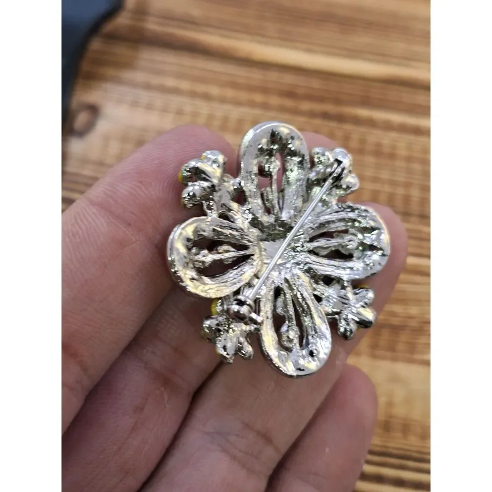Vintage Rhinestone Brooch With Enamel Flowers Silver Tone 1.5